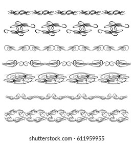 Decorative monograms and calligraphic borders. Template signage, logos, labels, stickers, cards. Graphic design page. Classic design elements for wedding invitations