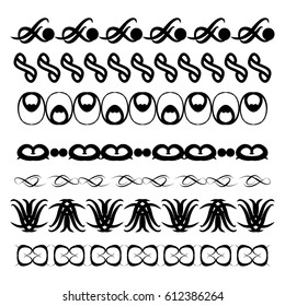 Decorative monograms and calligraphic borders. Template signage, logos, labels, stickers, cards. Graphic design page. Classic design elements for wedding invitations