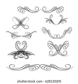Decorative monograms and calligraphic borders. Template signage, logos, labels, stickers, cards. Graphic design page. Classic design elements for wedding invitations.