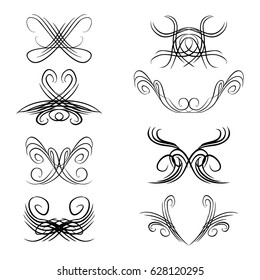 Decorative monograms and calligraphic borders. Template signage, logos, labels, stickers, cards. Graphic design page. Classic design elements for wedding invitations.