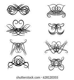 Decorative monograms and calligraphic borders. Template signage, logos, labels, stickers, cards. Graphic design page. Classic design elements for wedding invitations.