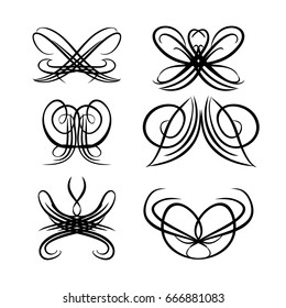 Decorative monograms and calligraphic borders. Template signage, logos, labels, stickers, cards. Graphic design page. Classic design elements for wedding invitations