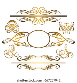 Decorative monograms and calligraphic borders. Template signage, logos, labels, stickers, cards. Graphic design page. Classic design elements for wedding invitations