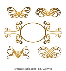 Decorative monograms and calligraphic borders. Template signage, logos, labels, stickers, cards. Graphic design page. Classic design elements for wedding invitations