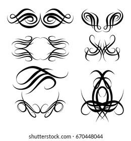 Decorative monograms and calligraphic borders. Template signage, logos, labels, stickers, cards. Graphic design page. Classic design elements for wedding invitations.