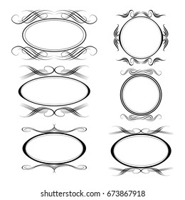 Decorative monograms and calligraphic borders. Template signage, logos, labels, stickers, cards. Graphic design page. Classic design elements for wedding invitations
