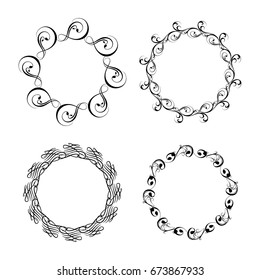 Decorative monograms and calligraphic borders. Template signage, logos, labels, stickers, cards. Graphic design page. Classic design elements for wedding invitations