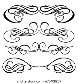 Decorative monograms and calligraphic borders. Template signage, logos, labels, stickers, cards. Graphic design page. Classic design elements for wedding invitations