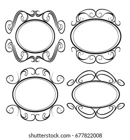 Decorative monograms and calligraphic borders. Template signage, logos, labels, stickers, cards. Graphic design page. Classic design elements for wedding invitations