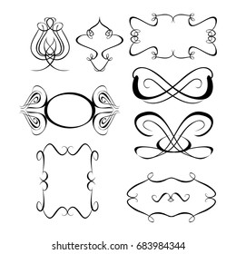 Decorative monograms and calligraphic borders. Template signage, logos, labels, stickers, cards. Graphic design page. Classic design elements for wedding invitations.