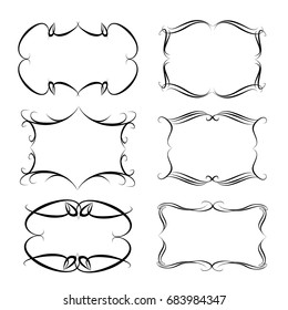 Decorative monograms and calligraphic borders. Template signage, logos, labels, stickers, cards. Graphic design page. Classic design elements for wedding invitations.