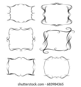 Decorative monograms and calligraphic borders. Template signage, logos, labels, stickers, cards. Graphic design page. Classic design elements for wedding invitations.