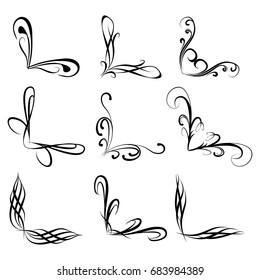 Decorative monograms and calligraphic borders. Template signage, logos, labels, stickers, cards. Graphic design page. Classic design elements for wedding invitations.