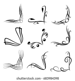 Decorative monograms and calligraphic borders. Template signage, logos, labels, stickers, cards. Graphic design page. Classic design elements for wedding invitations.