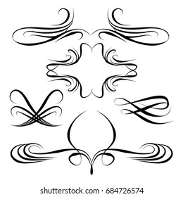 Decorative monograms and calligraphic borders. Template signage, logos, labels, stickers, cards. Graphic design page. Classic design elements for wedding invitations