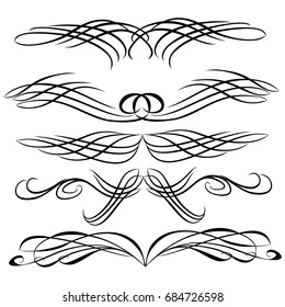 Decorative monograms and calligraphic borders. Template signage, logos, labels, stickers, cards. Graphic design page. Classic design elements for wedding invitations