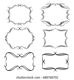Decorative monograms and calligraphic borders. Template signage, logos, labels, stickers, cards. Graphic design page. Classic design elements for wedding invitations