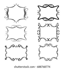 Decorative monograms and calligraphic borders. Template signage, logos, labels, stickers, cards. Graphic design page. Classic design elements for wedding invitations