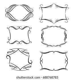 Decorative monograms and calligraphic borders. Template signage, logos, labels, stickers, cards. Graphic design page. Classic design elements for wedding invitations