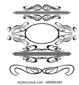 Decorative monograms and calligraphic borders. Template signage, logos, labels, stickers, cards. Graphic design page. Classic design elements for wedding invitations