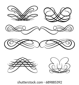 Decorative monograms and calligraphic borders. Template signage, logos, labels, stickers, cards. Graphic design page. Classic design elements for wedding invitations