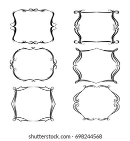 Decorative monograms and calligraphic borders. Template signage, logos, labels, stickers, cards. Graphic design page. Classic design elements for wedding invitations