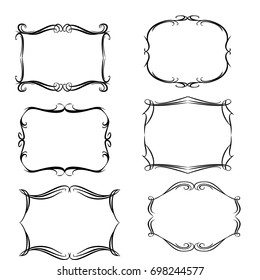 Decorative monograms and calligraphic borders. Template signage, logos, labels, stickers, cards. Graphic design page. Classic design elements for wedding invitations