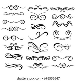 Decorative monograms and calligraphic borders. Template signage, logos, labels, stickers, cards. Graphic design page. Classic design elements for wedding invitations