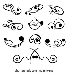Decorative monograms and calligraphic borders. Template signage, logos, labels, stickers, cards. Graphic design page. Classic design elements for wedding invitations