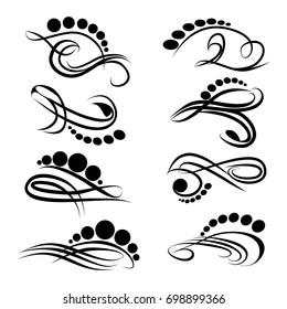 Decorative monograms and calligraphic borders. Template signage, logos, labels, stickers, cards. Graphic design page. Classic design elements for wedding invitations