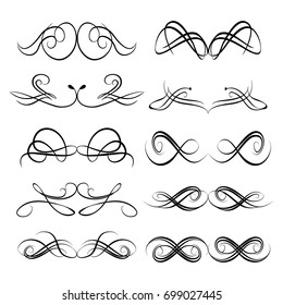 Decorative monograms and calligraphic borders. Template signage, logos, labels, stickers, cards. Graphic design page. Classic design elements for wedding invitations