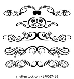 Decorative monograms and calligraphic borders. Template signage, logos, labels, stickers, cards. Graphic design page. Classic design elements for wedding invitations