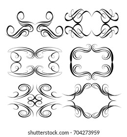 Decorative monograms and calligraphic borders. Template signage, logos, labels, stickers, cards. Graphic design page. Classic design elements for wedding invitations