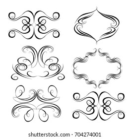 Decorative monograms and calligraphic borders. Template signage, logos, labels, stickers, cards. Graphic design page. Classic design elements for wedding invitations