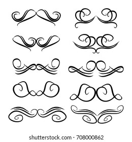 Decorative monograms and calligraphic borders. Template signage, logos, labels, stickers, cards. Graphic design page. Classic design elements for wedding invitations
