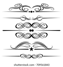 Decorative monograms and calligraphic borders. Template signage, logos, labels, stickers, cards. Graphic design page. Classic design elements for wedding invitations
