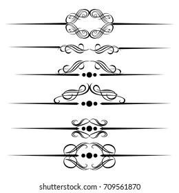 Decorative monograms and calligraphic borders. Template signage, logos, labels, stickers, cards. Graphic design page. Classic design elements for wedding invitations