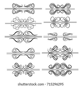 Decorative monograms and calligraphic borders. Template signage, logos, labels, stickers, cards. Graphic design page. Classic design elements for wedding invitations