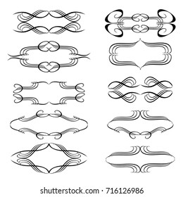  Decorative monograms and calligraphic borders. Template signage, logos, labels, stickers, cards. Graphic design page. Classic design elements for wedding invitations