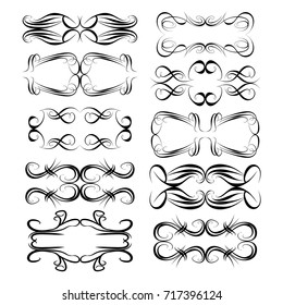 Decorative monograms and calligraphic borders. Template signage, logos, labels, stickers, cards. Graphic design page. Classic design elements for wedding invitations