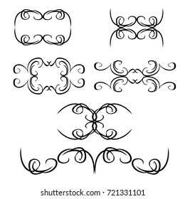 Decorative monograms and calligraphic borders. Template signage, logos, labels, stickers, cards. Graphic design page. Classic design elements for wedding invitations