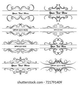 Decorative monograms and calligraphic borders. Template signage, logos, labels, stickers, cards. Graphic design page. Classic design elements for wedding invitations