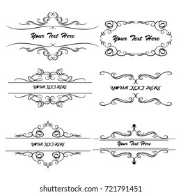 Decorative monograms and calligraphic borders. Template signage, logos, labels, stickers, cards. Graphic design page. Classic design elements for wedding invitations