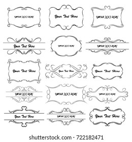  Decorative monograms and calligraphic borders. Template signage, logos, labels, stickers, cards. Graphic design page. Classic design elements for wedding invitations