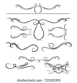 Decorative monograms and calligraphic borders. Template signage, logos, labels, stickers, cards. Graphic design page. Classic design elements for wedding invitations