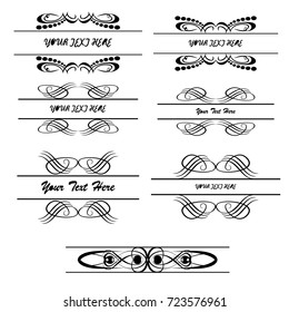Decorative monograms and calligraphic borders. Template signage, logos, labels, stickers, cards. Graphic design page. Classic design elements for wedding invitations