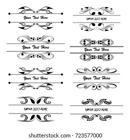 Decorative monograms and calligraphic borders. Template signage, logos, labels, stickers, cards. Graphic design page. Classic design elements for wedding invitations