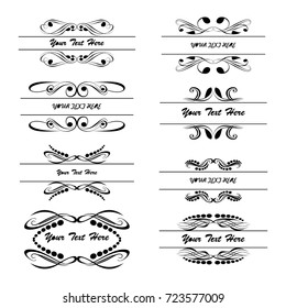 Decorative monograms and calligraphic borders. Template signage, logos, labels, stickers, cards. Graphic design page. Classic design elements for wedding invitations