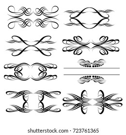 Decorative monograms and calligraphic borders. Template signage, logos, labels, stickers, cards. Graphic design page. Classic design elements for wedding invitations