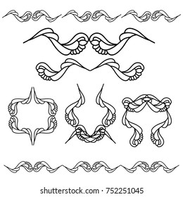  Decorative monograms and calligraphic borders. Template signage, logos, labels, stickers, cards. Graphic design page. Classic design elements for wedding invitations.